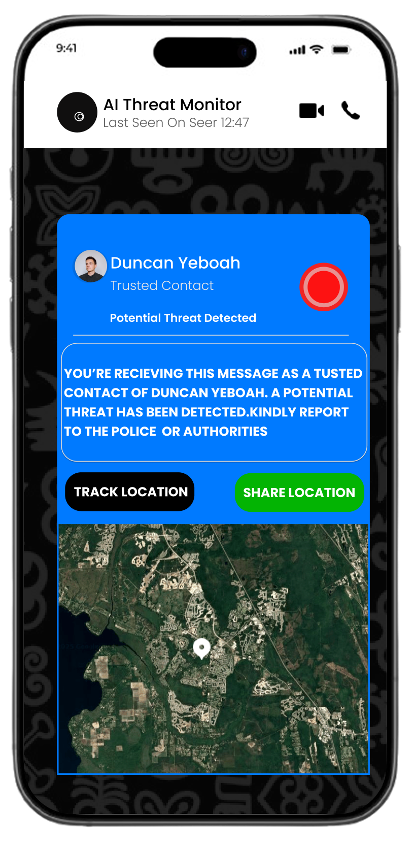Seer shared location bubble preview on a phone