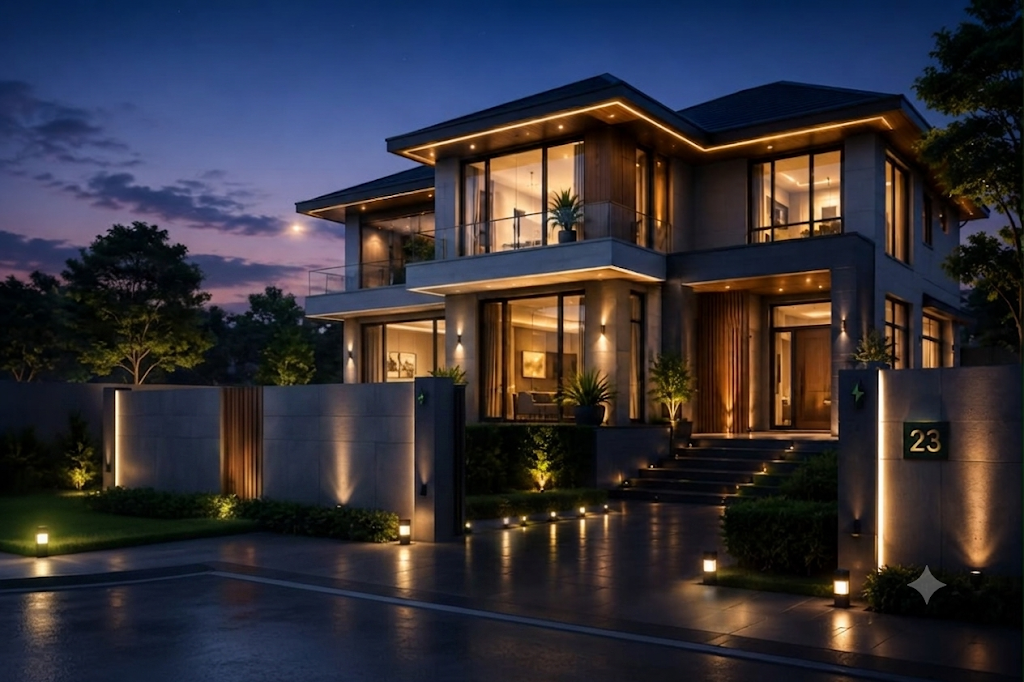 Modern house at dusk with architectural lighting