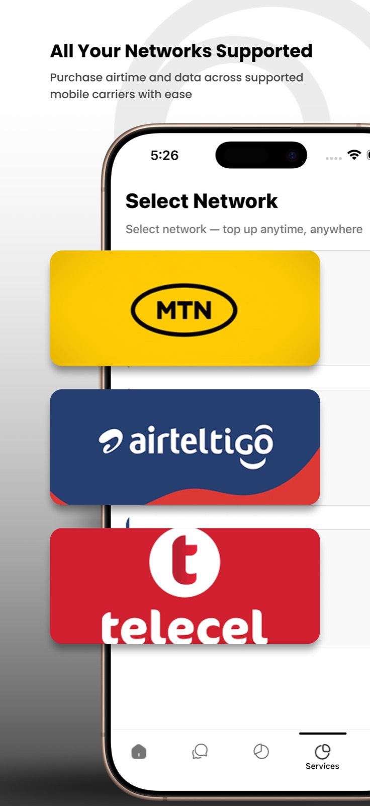 Seer network picker showing MTN, AirtelTigo, and Telecel