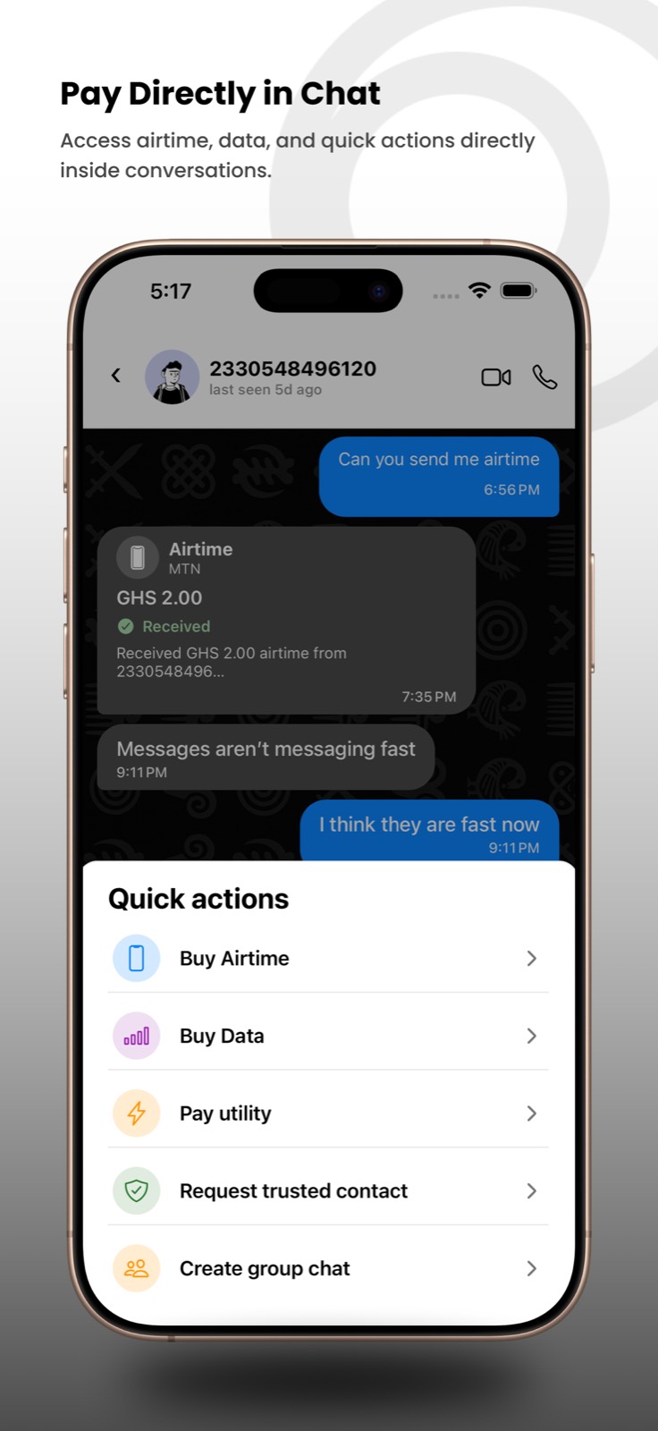 Seer chat with quick actions for airtime, data, and utilities