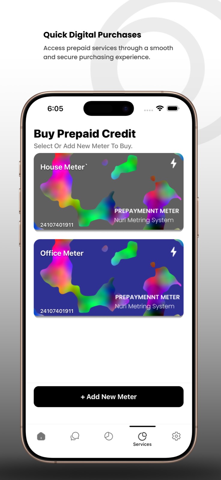 Seer prepaid credit screen with house and office meters