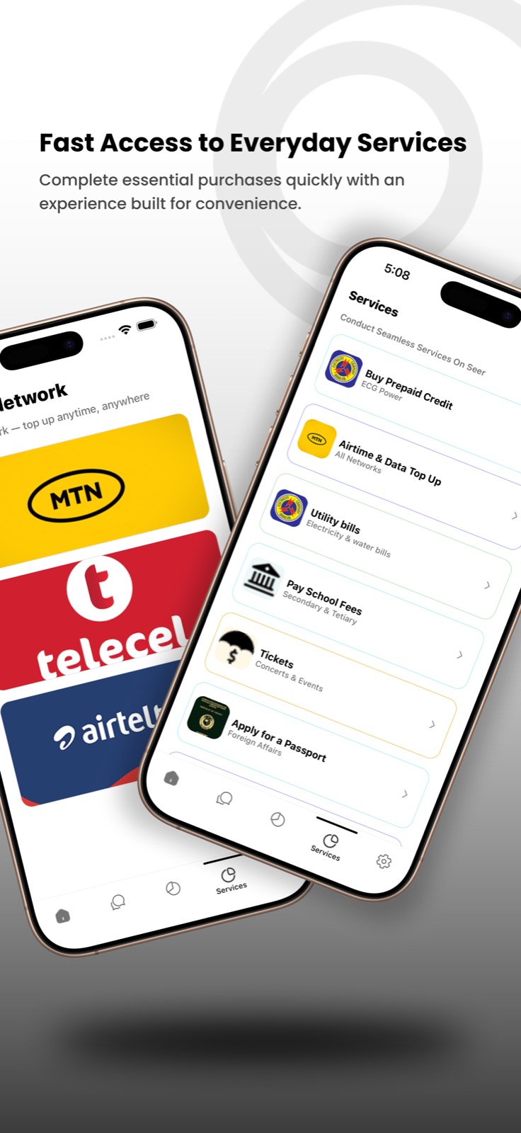 Seer services list and network selection screens