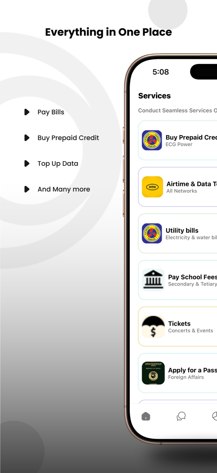 Everything in one place — Seer services including bills, prepaid, and data